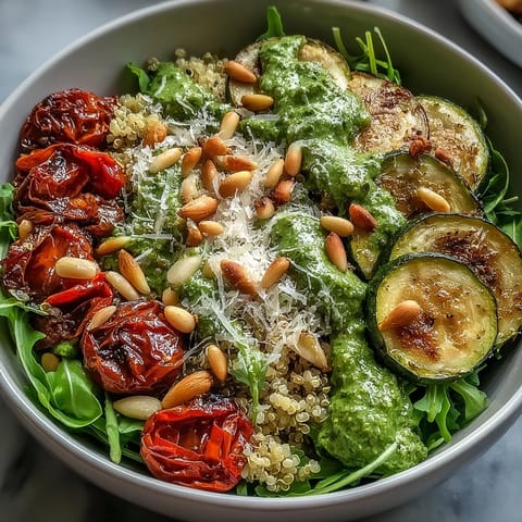 Healthy vegetarian Arugula Pesto Bowl featuring golden roasted zucchini, cherry tomatoes, and red pepper over fluffy quinoa with pesto.