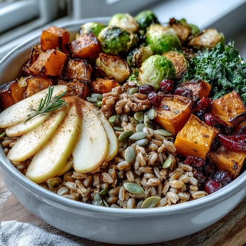 A vibrant Fall Vegetable Bowl featuring roasted squash and Brussels sprouts, topped with kale, apples, and pepitas.