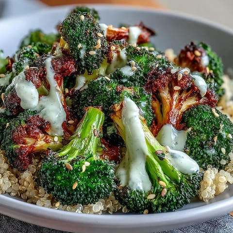 Golden roasted broccoli and red onion over grains in a roasted broccoli bowl, drizzled with creamy tahini sauce.