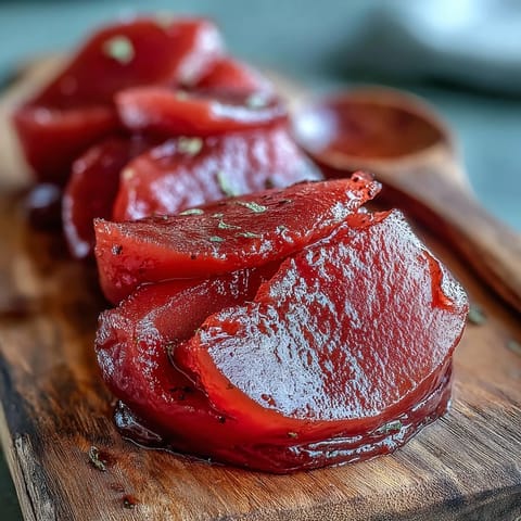 Thick, glossy guava paste on a wooden board, sliced and ready for cheese platters.