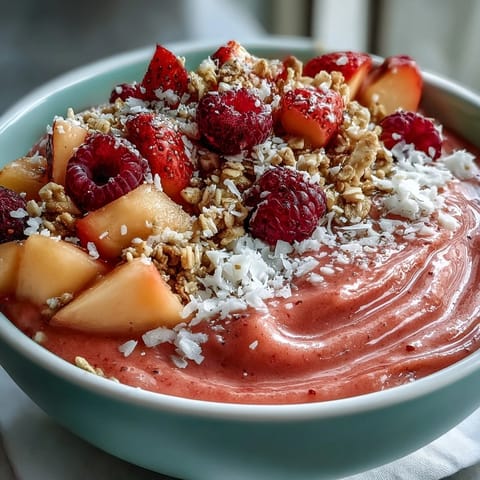 A creamy Guava and Mango Smoothie Bowl with crunchy granola and chia seeds for texture.