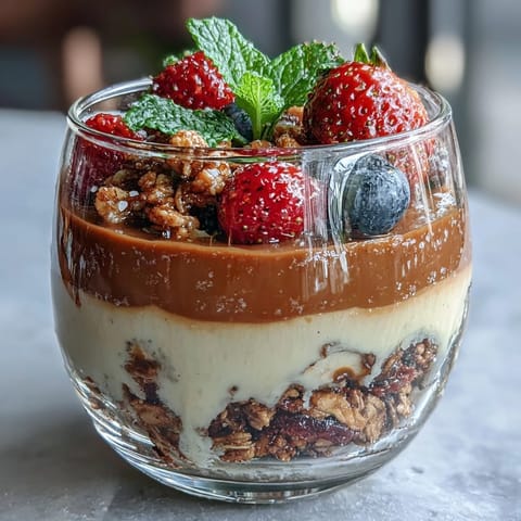 Layered Hojicha Panna Cotta Parfait with crunchy granola and ripe berries on top. 