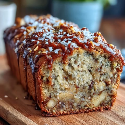 Freshly baked Vegan Cardamom Guava Banana Bread loaf sits sliced on a rustic wooden board, revealing a moist, tender crumb studded with guava bits.