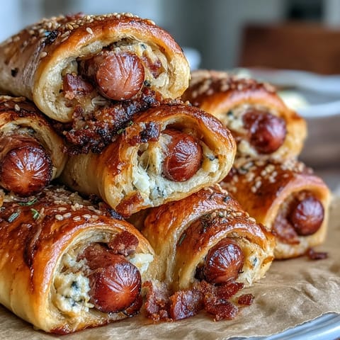 Golden crescent roll-wrapped mini hot dogs, perfect for game day snacks or party platters.