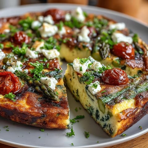 Healthy Easy Spring Veggie Frittata with fresh asparagus, spinach, and cherry tomatoes baked to golden perfection. A protein-packed, vegetarian breakfast or brunch dish.  