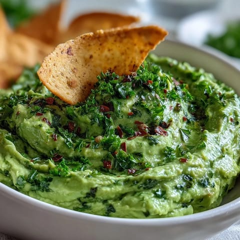 Creamy avocado and edamame guacamole served with golden, crisp pita chips for a fresh and healthy snack.  