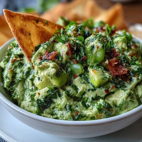 Vibrant green edamame guacamole paired with warm, lightly spiced pita chips—perfect for dipping and sharing.  