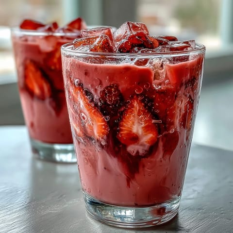 Refreshing strawberry açaí coconut blend in a tall glass, garnished with juicy red berries for a thirst-quenching treat.  