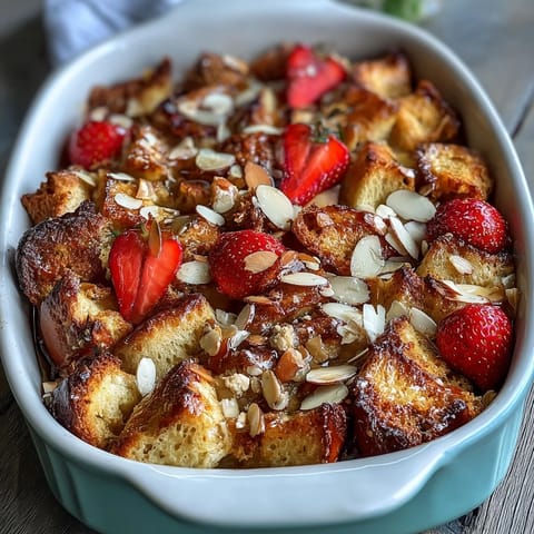 Vibrant strawberry French toast bake with golden brioche, juicy berries, and a dusting of powdered sugar—perfect for a spring brunch spread.