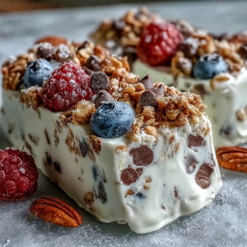 Frozen yogurt bark with berries and granola, a colorful summer snack on a white tray.