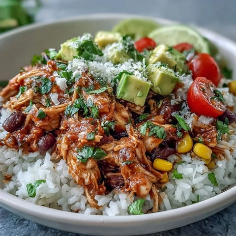 Slow-cooked salsa chicken over fluffy rice, topped with black beans, corn, and a sprinkle of cheese for a hearty meal.  
