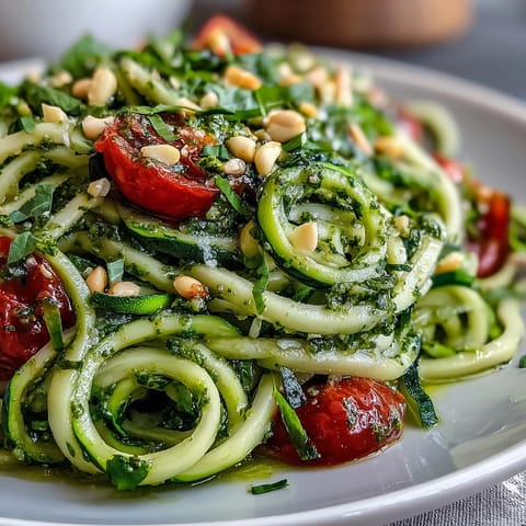 Vibrant zucchini noodles tossed with fresh basil pesto and juicy cherry tomatoes, a light and healthy summer meal.  