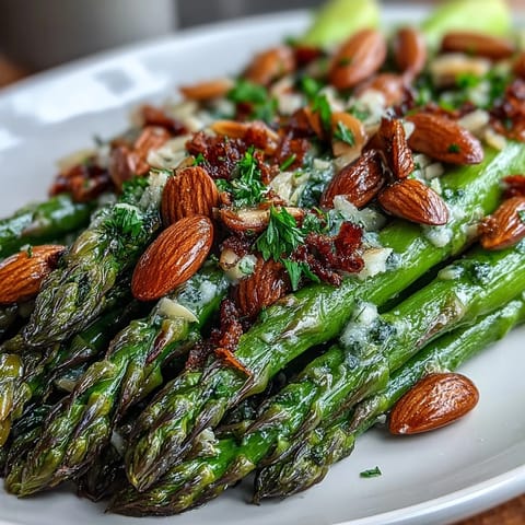 Bright asparagus spears glistening with lemon butter, sprinkled with golden toasted almonds for a fresh spring side dish.