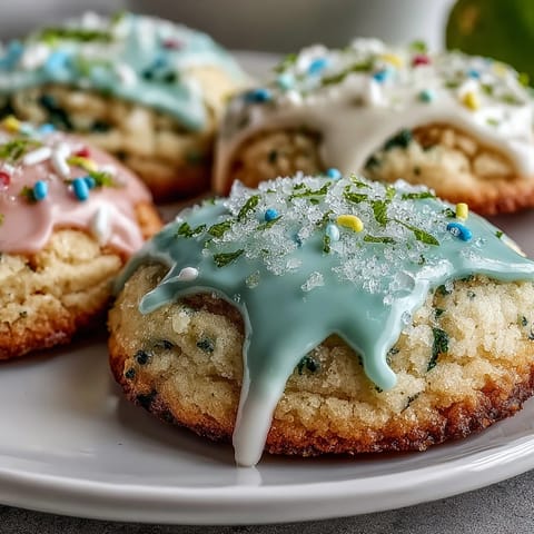 Delicate lemon-infused cookies topped with soft pastel glaze, a colorful treat for festive gatherings or Easter brunch.