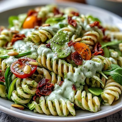 Creamy green goddess pasta salad with fresh vegetables, avocado dressing, and vibrant herbs for a healthy and flavorful meal.  