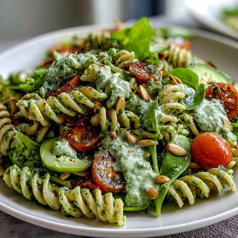 Colorful green goddess pasta salad featuring cherry tomatoes, cucumbers, and spinach tossed in a rich avocado-basil dressing.  