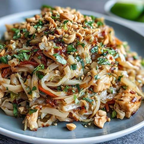 Cabbage Pad Thai with vibrant vegetables, scrambled eggs, and peanuts, tossed in a tangy-sweet sauce for a low-carb, satisfying meal.