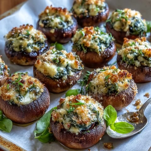 These savory stuffed mushrooms feature tender caps packed with fresh spinach, ricotta, and aromatic herbs for an elegant appetizer.  