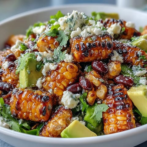 Colorful taco salad bowl filled with charred corn, black beans, avocado, and crunchy tortilla chips.  