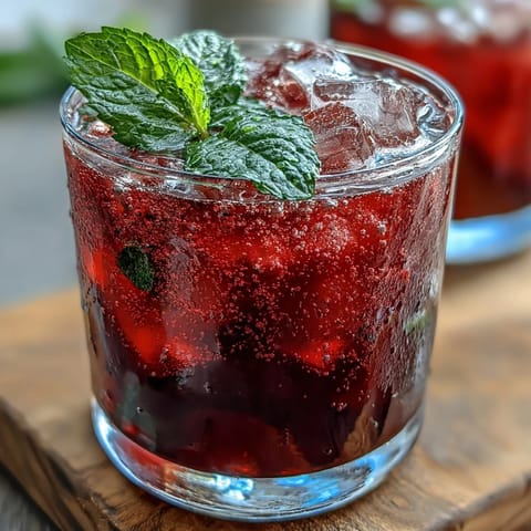Sparkling hibiscus mint lemonade mocktail with fresh mint, lemon slices, and ice cubes in a clear glass pitcher.