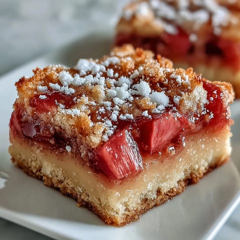 Golden rhubarb custard bars with buttery shortbread crust, perfect for spring gatherings.
