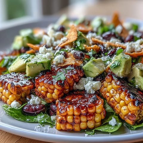 Vibrant grilled corn and black bean taco salad with fresh vegetables and zesty lime dressing.  