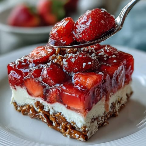 A vibrant strawberry pretzel salad with a crunchy pretzel crust and creamy cheesecake layer topped with fresh strawberries in gelatin.