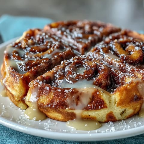 Cinnamon Roll Waffles with Cream Cheese Glaze: golden, fluffy waffles swirled with cinnamon-sugar and topped with a rich vanilla glaze for a sweet breakfast treat.