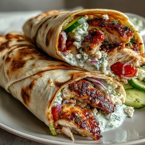 Juicy Tzatziki Chicken Wraps loaded with cucumber, feta, perfect for a quick lunch.