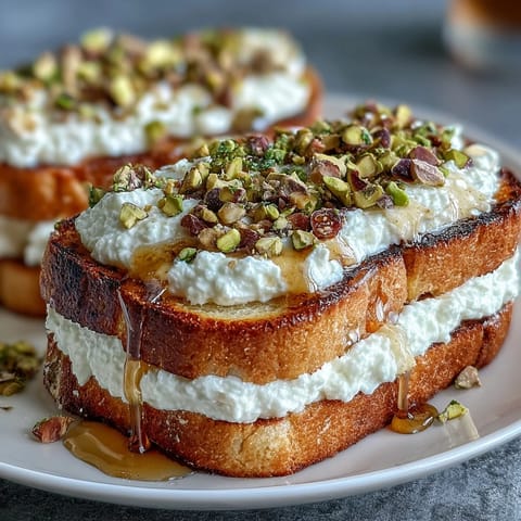 Whipped ricotta toast with honey and pistachios, a sweet, crunchy delight.