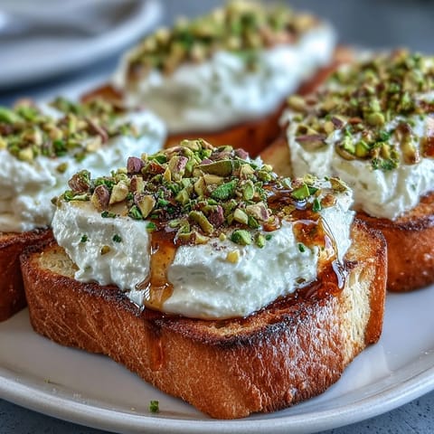 Velvety whipped ricotta toast with golden honey drizzled and nuts.