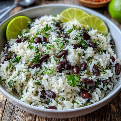 Vibrant coconut lime rice with beans, cilantro, and fresh lime zest.
