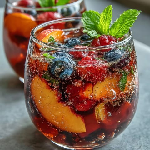 Refreshing Peach and Berry Sangria Mocktail served with glistening ice.