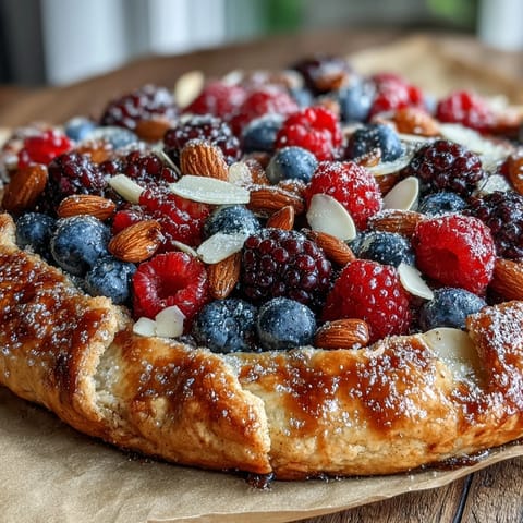 Juicy summer berries spill from a flaky almond crust in this beautiful rustic galette.