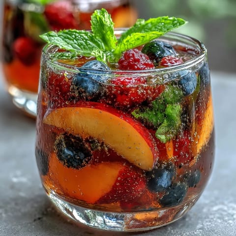 Vibrant Summer Sangria Mocktail brimming with juicy peaches and berries.