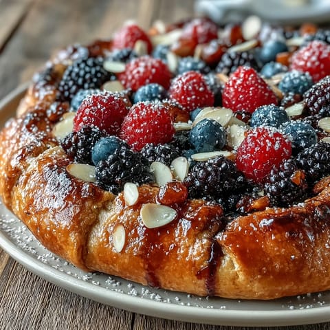 Golden Summer Berry Galette beckons with a rustic almond crust, brimming with fresh fruit.