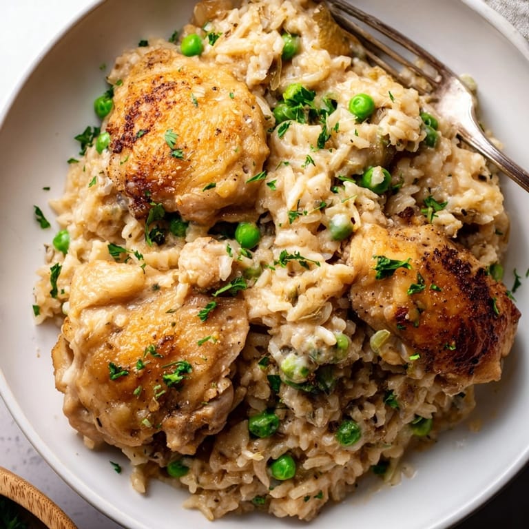 Steaming one-pot creamy lemon chicken and rice, finished with vibrant peas and lemon zest.
