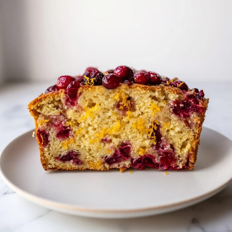Freshly baked Seasonal Cranberry and Orange Bread, ready to be sliced and enjoyed with morning coffee.