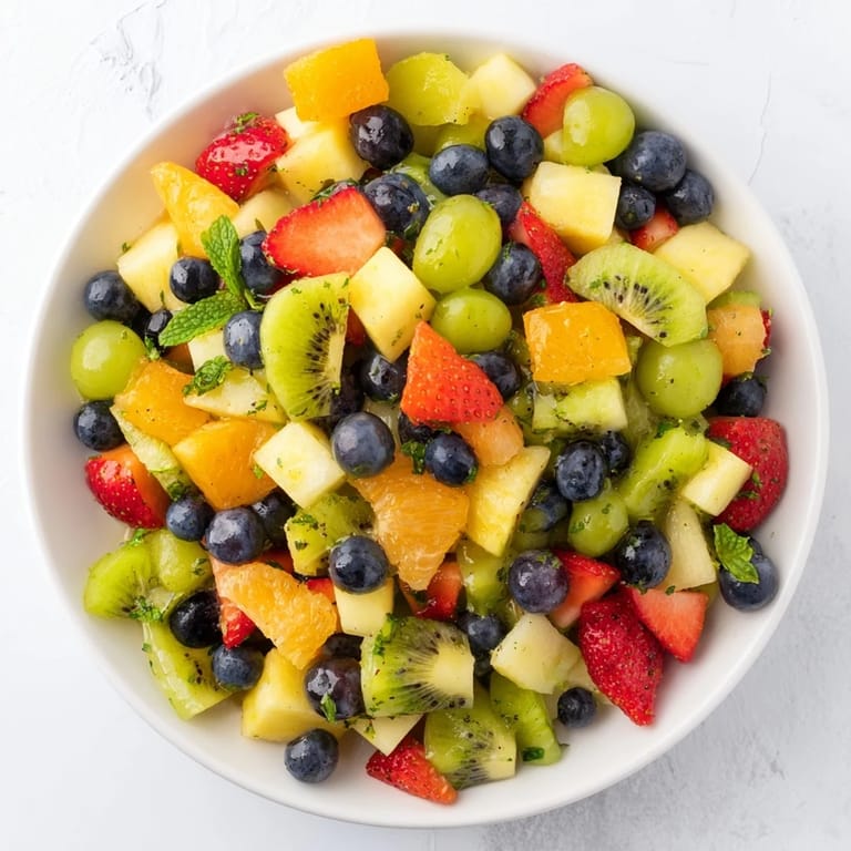A close-up view of the refreshing fruit salad, showcasing ripe berries and the glistening honey-lime glaze.