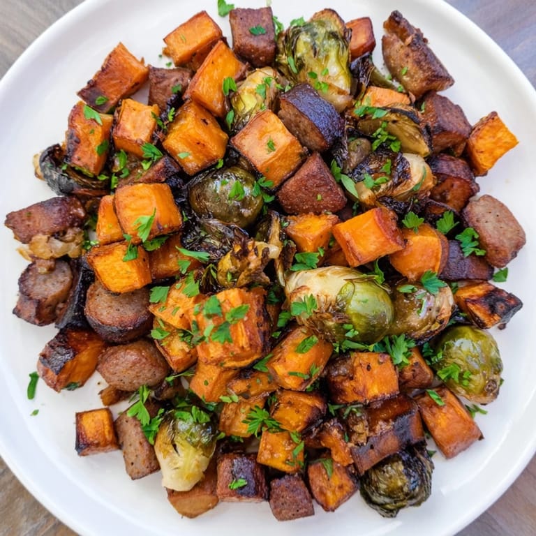 Golden-brown sheet pan sausage, sweet potato, and Brussels sprouts with fresh parsley, ready to serve.