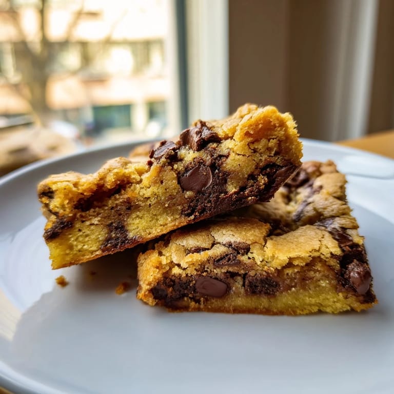 Luscious Ultimate Gooey Chocolate Chip Cookie Bars, warm from the oven, feature plenty of chocolate chips within.