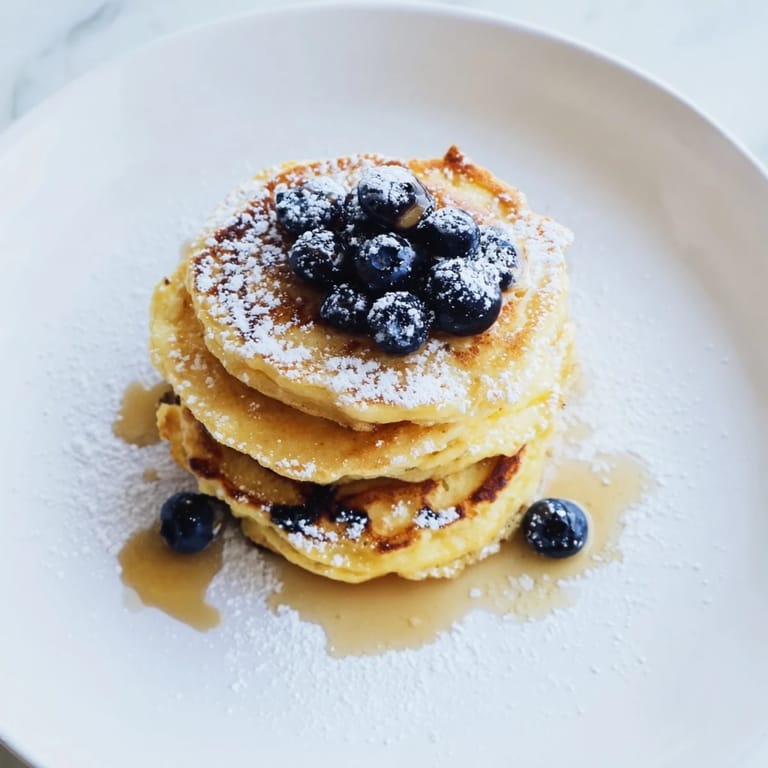 Warm light and fluffy ricotta pancakes, beautifully stacked, ready to be drizzled with maple syrup.