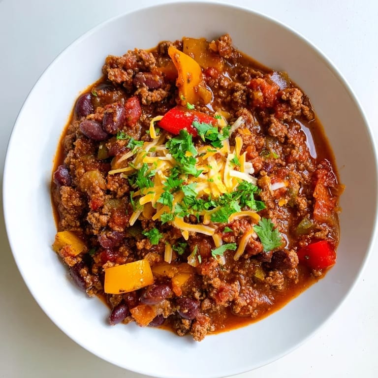This delicious simple weeknight chili simmering in a Dutch oven with colorful vegetables.