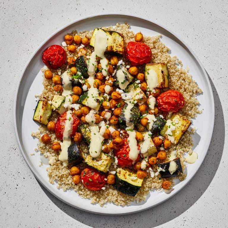 This Mediterranean Chickpea and Veggie Grain Bowl displays a healthy and delicious vegetarian meal, ready to eat!