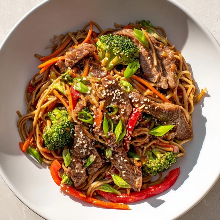 This photo features a delicious and simple easy beef stir-fry with lo mein noodles, ready to eat.