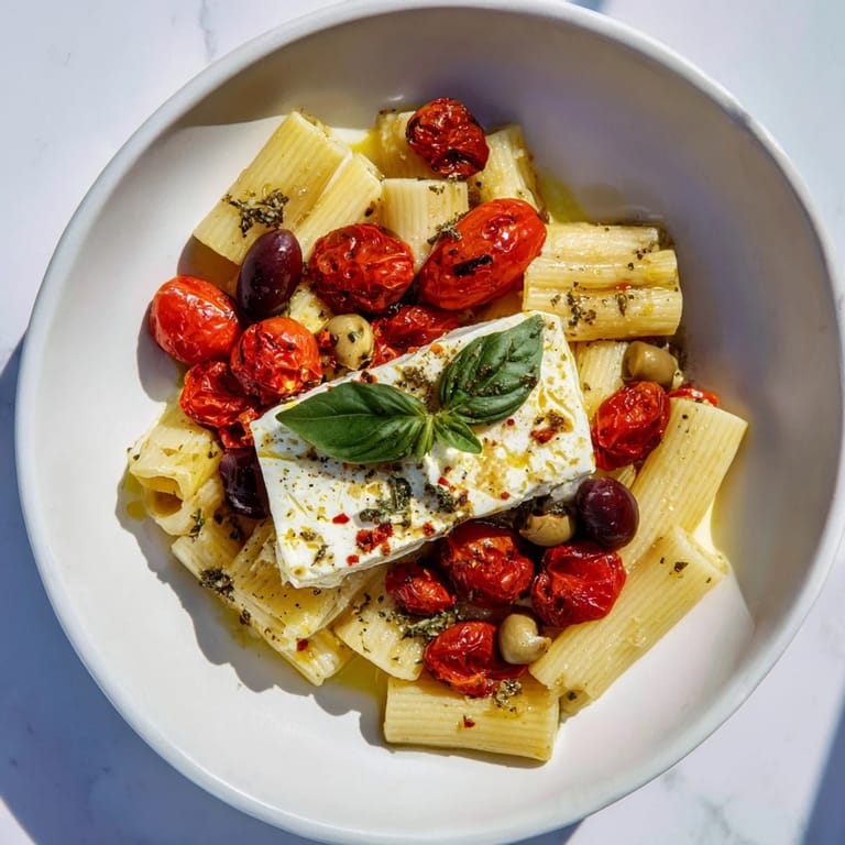 A close-up of a bowl filled with the colorful baked feta pasta, a simple weeknight meal.