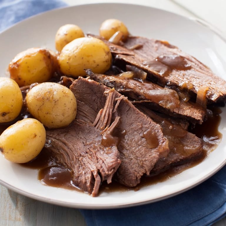 A close-up of a perfectly cooked 4-ingredient slow cooker pot roast with visible seasoning.