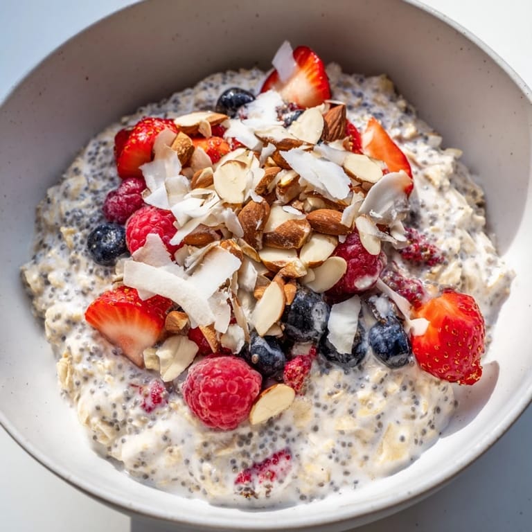 A close-up of vibrant overnight oats with berries, showing the creamy, thick texture.