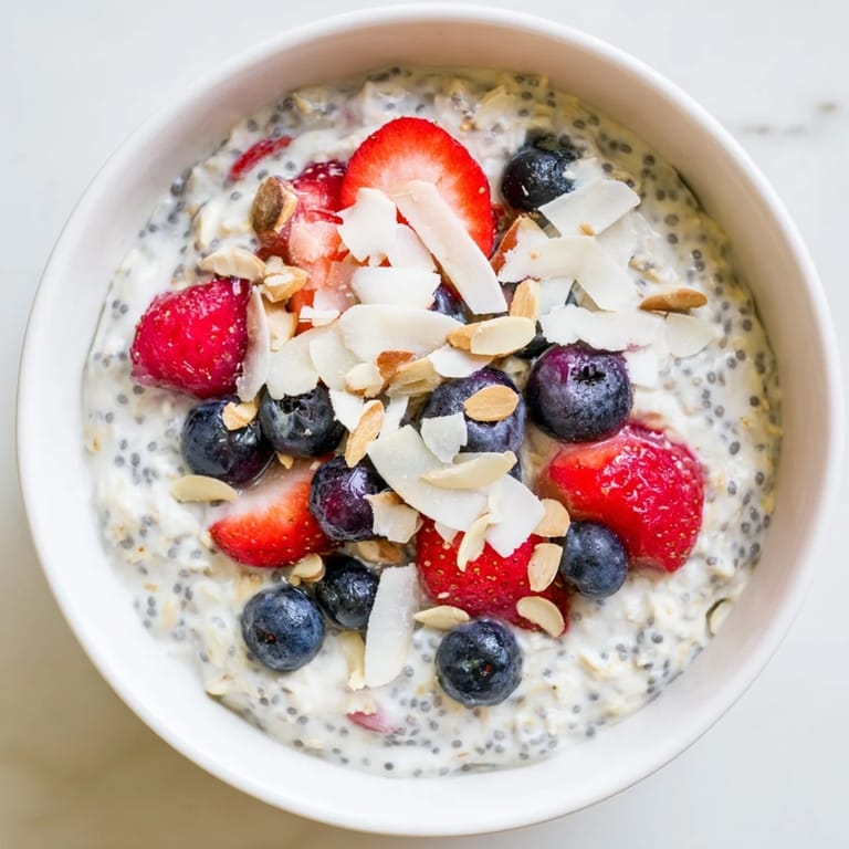Fresh berries piled atop prepared overnight oats, a delicious and healthy choice.