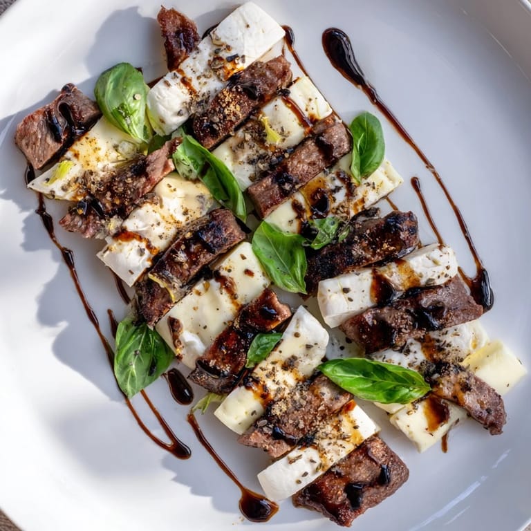 Fresh basil garnishes The Safari Stripes, a delicious appetizer featuring beautiful, layered strips.